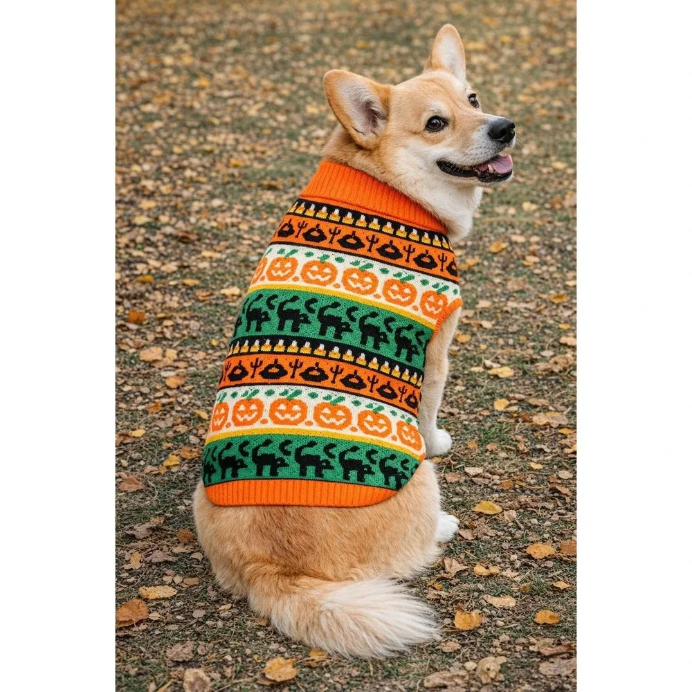 Tricks for Treats Halloween Pumpkin Cat Dog Sweater Spooky Festive Orange Large